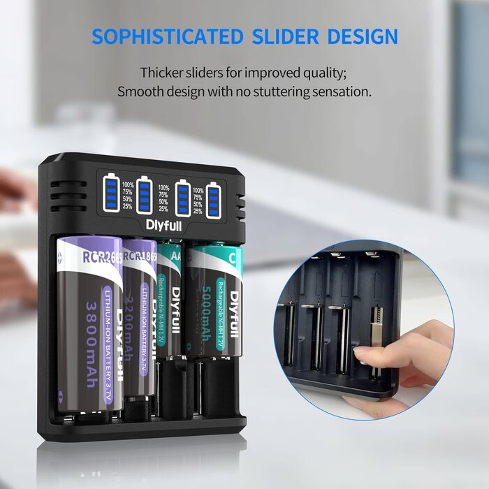 18650-4-CHRGR - Dlyfull 18650 Battery Charger, Fast Universal Charger for 3.7V Li-ion IMR INR ICR 21700 10340 17335 17670 18500 18700 20700 26650 and 1.2V Ni-MH/CD AAAA AAA AA A C SC Rechargeable Batteries (4 Bay)