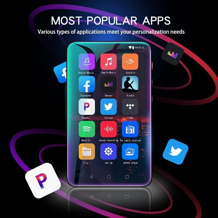 MP3 Player with Bluetooth and WiFi, 4.0" Full Touchscreen Mp4 Mp3 Player with Spotify, Audible, Amazon Music, Android Music Player with Speaker, FM Radio, E-Book, Up to 512 GB