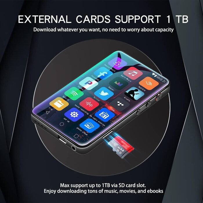 MP3 Player with Bluetooth and WiFi, 4.0" Full Touchscreen Mp4 Mp3 Player with Spotify, Audible, Amazon Music, Android Music Player with Speaker, FM Radio, E-Book, Up to 512 GB