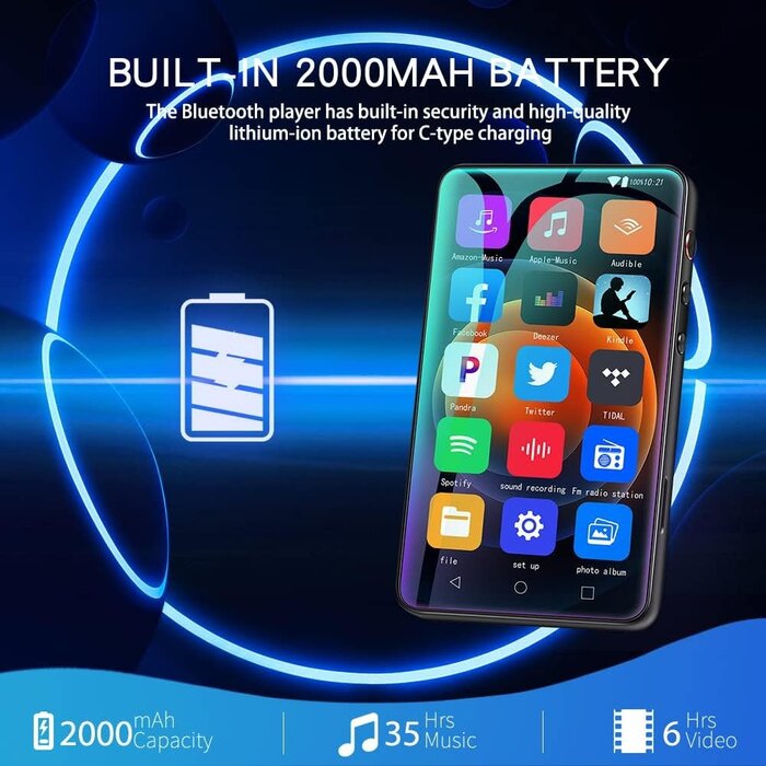 MP3 Player with Bluetooth and WiFi, 4.0" Full Touchscreen Mp4 Mp3 Player with Spotify, Audible, Amazon Music, Android Music Player with Speaker, FM Radio, E-Book, Up to 512 GB