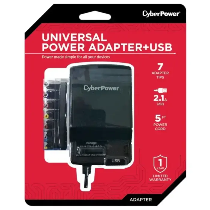 CYBCPUAC1U1300 - CYBERPOWER® 25 Watt 3-12V 1,300mAh Universal AC Power Adapter with USB Input, 5ft