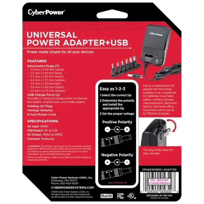 CYBCPUAC1U1300 - CYBERPOWER® 25 Watt 3-12V 1,300mAh Universal AC Power Adapter with USB Input, 5ft