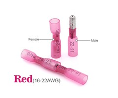 22-16AWG - HKS Heat Shrink Male and Female Bullet Connectors – 22-16 AWG Red – Tinned Copper Crimp Terminals – Waterproof & Insulated – for Automotive, Marine, and Electrical Wiring