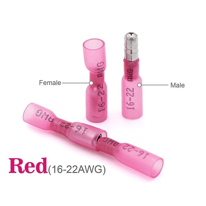 22-16AWG - HKS Heat Shrink Male and Female Bullet Connectors – 22-16 AWG Red – Tinned Copper Crimp Terminals – Waterproof & Insulated – for Automotive, Marine, and Electrical Wiring