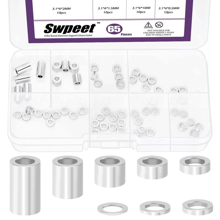 S4760 - Swpeet 65Pcs 8 Sizes M3 Aluminum Spacer Assortment Kit, 3.1×6mm(ID×OD) Silver Aluminum Standoff Column Spacer, Round Spacer Unthreaded Standoff Bushing Plain Finish, Length 0.5/1/1.5/2/2.5/3/6/10mm