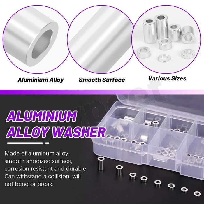 S4760 - Swpeet 65Pcs 8 Sizes M3 Aluminum Spacer Assortment Kit, 3.1×6mm(ID×OD) Silver Aluminum Standoff Column Spacer, Round Spacer Unthreaded Standoff Bushing Plain Finish, Length 0.5/1/1.5/2/2.5/3/6/10mm