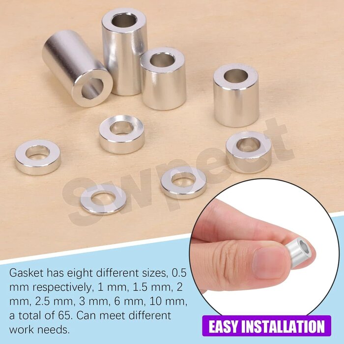 M1999 - Mardatt 65Pcs 8 Sizes Round Aluminum Spacer Kit, 3.1x6mm(ID×OD) Silver Aluminum Standoff Column Spacer, Length 0.5/1/1.5/2/2.5/3/6/10mm Thickness Aluminum Spacer for M3 Screws Bolts