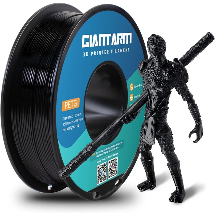 GIANTARM GA-PETG-BLK - GIANTARM Black PETG 3D Printer Filament Toughness Enhanced 1kg (2.2lbs), 1.75mm Dimensional Accuracy +/-0.03mm, 1080 Feet（330m/Roll, Vacuum Package, Fit for Most 3D FDM Printer