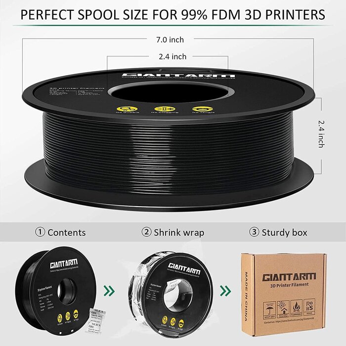 GIANTARM GA-PETG-BLK - GIANTARM Black PETG 3D Printer Filament Toughness Enhanced 1kg (2.2lbs), 1.75mm Dimensional Accuracy +/-0.03mm, 1080 Feet（330m/Roll, Vacuum Package, Fit for Most 3D FDM Printer