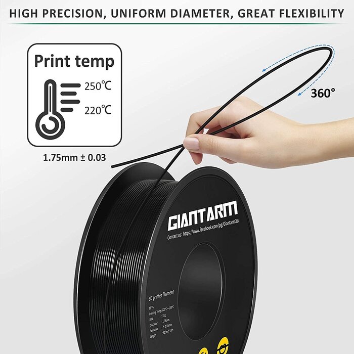 GIANTARM GA-PETG-BLK - GIANTARM Black PETG 3D Printer Filament Toughness Enhanced 1kg (2.2lbs), 1.75mm Dimensional Accuracy +/-0.03mm, 1080 Feet（330m/Roll, Vacuum Package, Fit for Most 3D FDM Printer