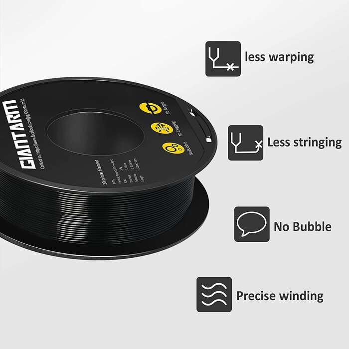 GIANTARM GA-PETG-BLK - GIANTARM Black PETG 3D Printer Filament Toughness Enhanced 1kg (2.2lbs), 1.75mm Dimensional Accuracy +/-0.03mm, 1080 Feet（330m/Roll, Vacuum Package, Fit for Most 3D FDM Printer