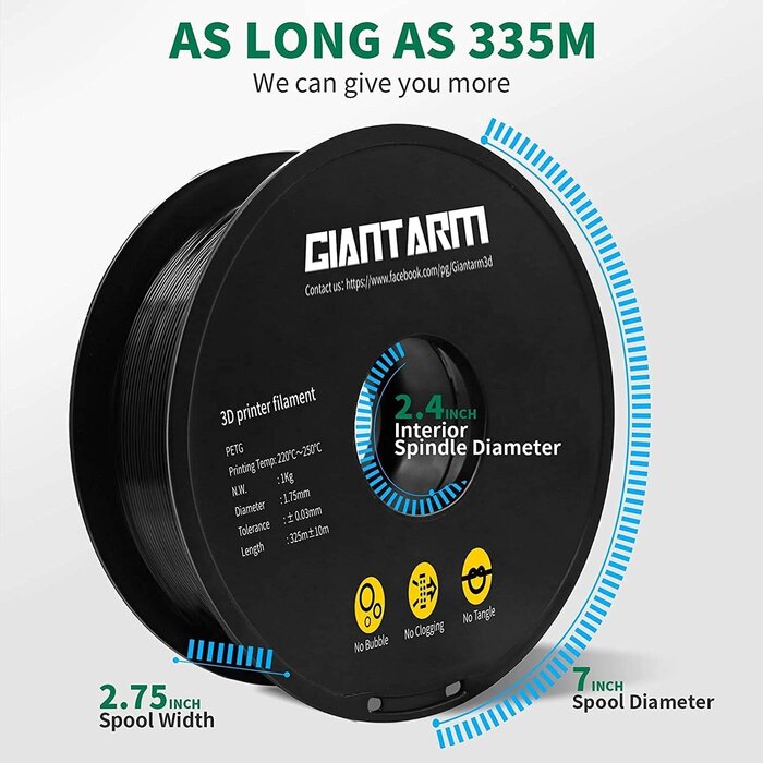 GIANTARM GA-PETG-BLK - GIANTARM Black PETG 3D Printer Filament Toughness Enhanced 1kg (2.2lbs), 1.75mm Dimensional Accuracy +/-0.03mm, 1080 Feet（330m/Roll, Vacuum Package, Fit for Most 3D FDM Printer