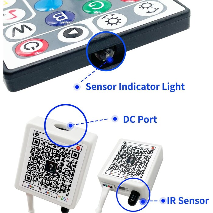 RGB-24V-PWR+RMT - FONEWE 44 Key RGB LED Strip Lights IR Remote Control, Remote Receiver RGB LED Light Strip, 24V Power Adapter for LED Lights
