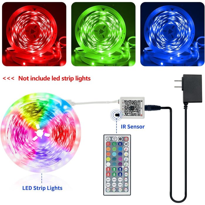 RGB-24V-PWR+RMT - FONEWE 44 Key RGB LED Strip Lights IR Remote Control, Remote Receiver RGB LED Light Strip, 24V Power Adapter for LED Lights