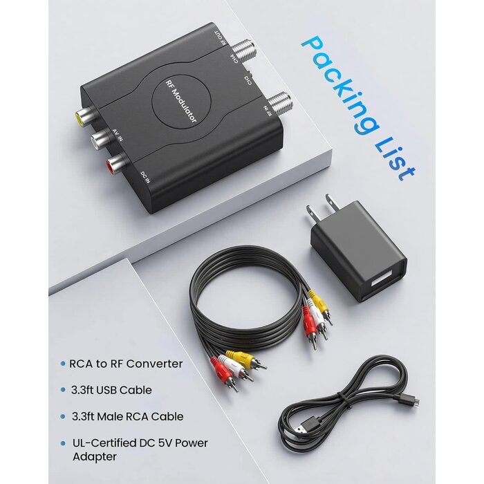 RF Modulator - Avedio Links RF Modulator, RCA to RF Coaxial Adapter with Channel 3/4 Switch for VHS/VCR/DVD Players Game Consoles, Includes 3.3ft RCA Cable, Converts AV Composite Video to Analog NTSC for TV (Black)
