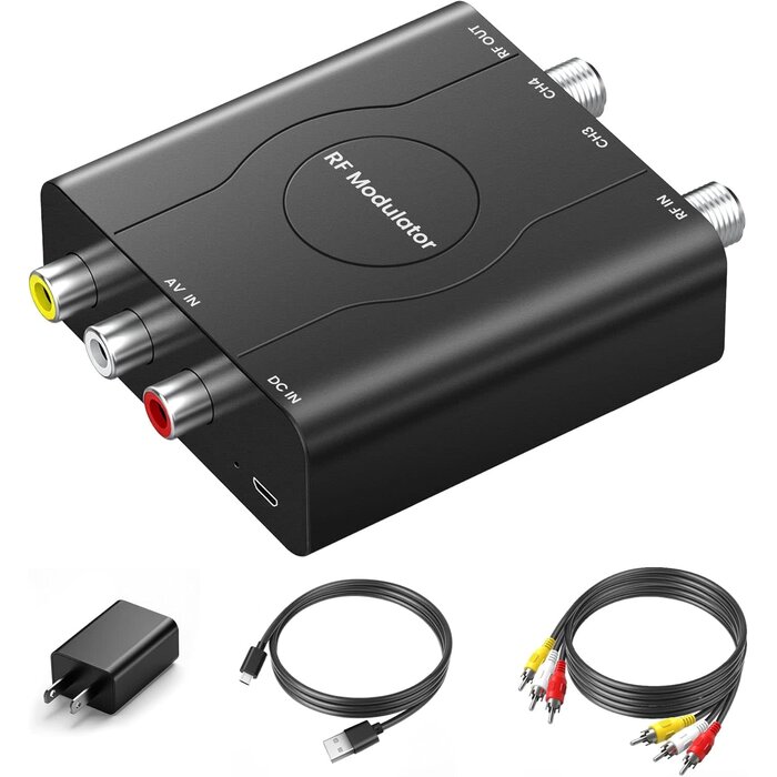 RF Modulator - Avedio Links RF Modulator, RCA to RF Coaxial Adapter with Channel 3/4 Switch for VHS/VCR/DVD Players Game Consoles, Includes 3.3ft RCA Cable, Converts AV Composite Video to Analog NTSC for TV (Black)