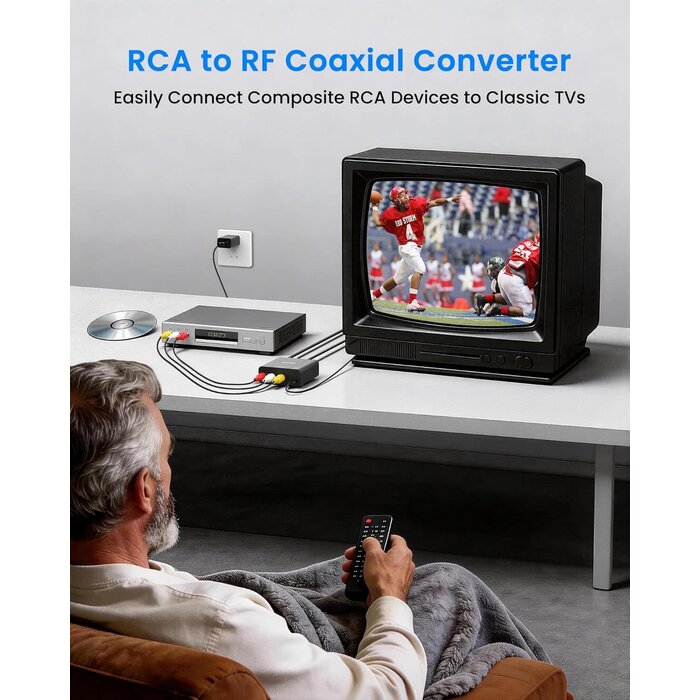 RF Modulator - Avedio Links RF Modulator, RCA to RF Coaxial Adapter with Channel 3/4 Switch for VHS/VCR/DVD Players Game Consoles, Includes 3.3ft RCA Cable, Converts AV Composite Video to Analog NTSC for TV (Black)