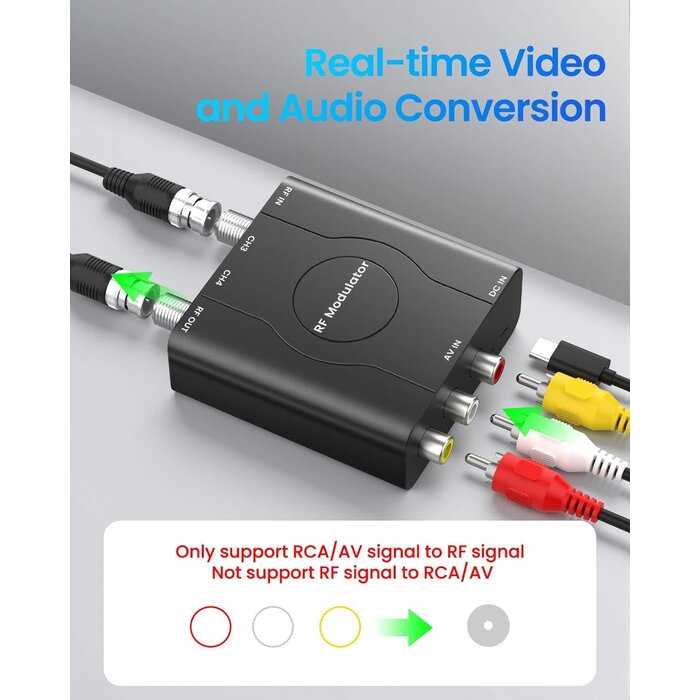 RF Modulator - Avedio Links RF Modulator, RCA to RF Coaxial Adapter with Channel 3/4 Switch for VHS/VCR/DVD Players Game Consoles, Includes 3.3ft RCA Cable, Converts AV Composite Video to Analog NTSC for TV (Black)