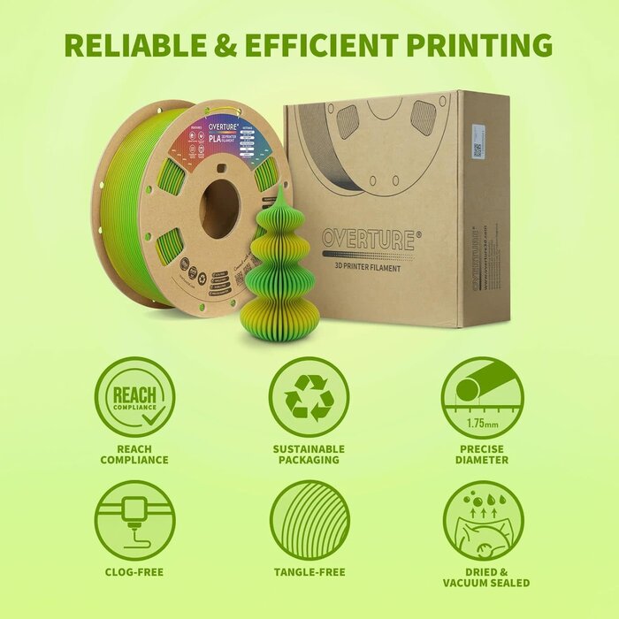 OVPLA-AVOCADO - OVERTURE Avocado PLA 3D Filament 1.75mm, 1kg Neatly Wound 3D Printer Filament 1kg Spool (2.2lbs), Dimensional Accuracy +/- 0.02 mm, Fit Most FDM 3D Printers (Avocado)