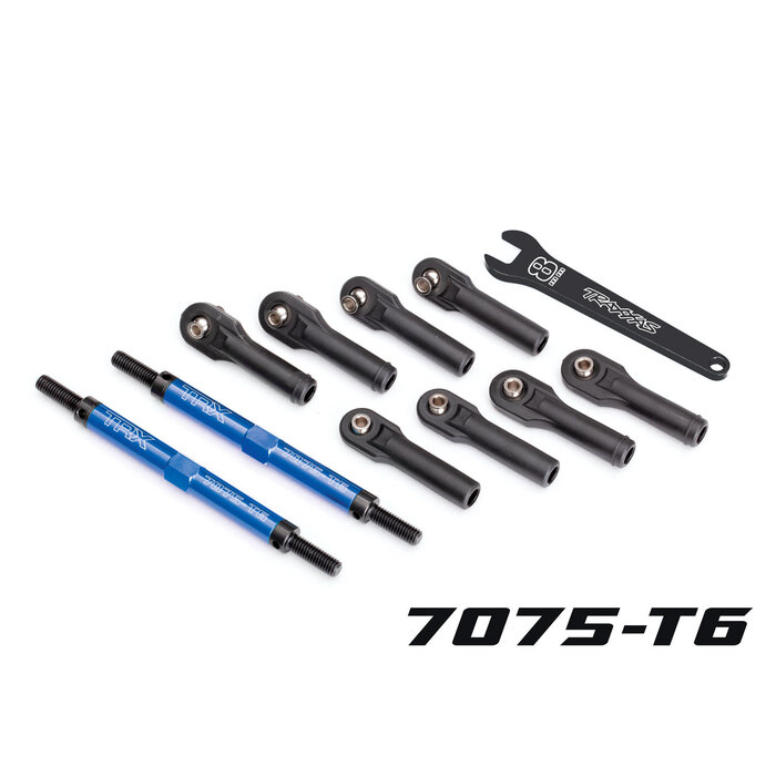 Traxxas 8638X - TUBES 144 mm Blue Aluminum Toe Links (2), E-Revo VXL (TUBES blue-anodized, 7075-T6 aluminum, stronger than titanium) (144mm) (2)/ rod ends, assembled with steel hollow balls (8)/ aluminum wrench, 8mm (1)