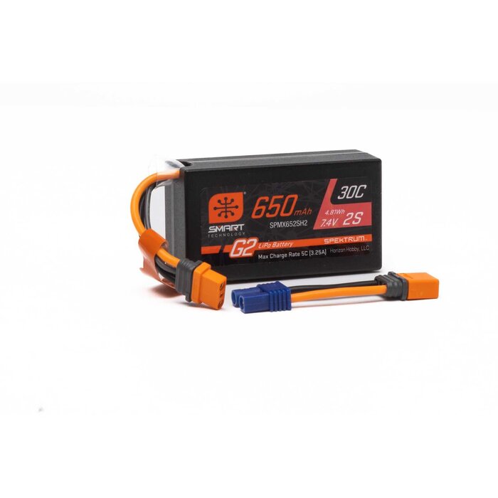 SPEKTRUM SPMX652SH2 - 7.4V 650mAh 2S Smart G2 Hardcase 30C LiPo: IC2