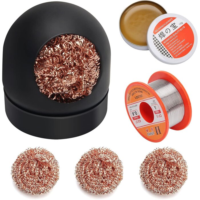 BRSS-TIP-CLN - AHIER Solder Tip Cleaner + Soldering Rosin Flux Paste (0.35 oz / 10 g)+ 60/40 Tin Lead Rosin Core Solder Wire (1.76 oz / 50 g) + 3pcs Replacement Brass Pads, 6 PCS Solder Iron Welding Tool Set