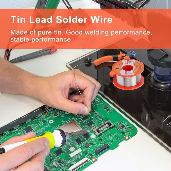 BRSS-TIP-CLN - AHIER Solder Tip Cleaner + Soldering Rosin Flux Paste (0.35 oz / 10 g)+ 60/40 Tin Lead Rosin Core Solder Wire (1.76 oz / 50 g) + 3pcs Replacement Brass Pads, 6 PCS Solder Iron Welding Tool Set