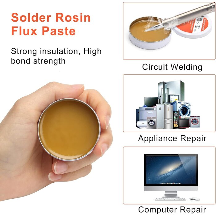 BRSS-TIP-CLN - AHIER Solder Tip Cleaner + Soldering Rosin Flux Paste (0.35 oz / 10 g)+ 60/40 Tin Lead Rosin Core Solder Wire (1.76 oz / 50 g) + 3pcs Replacement Brass Pads, 6 PCS Solder Iron Welding Tool Set