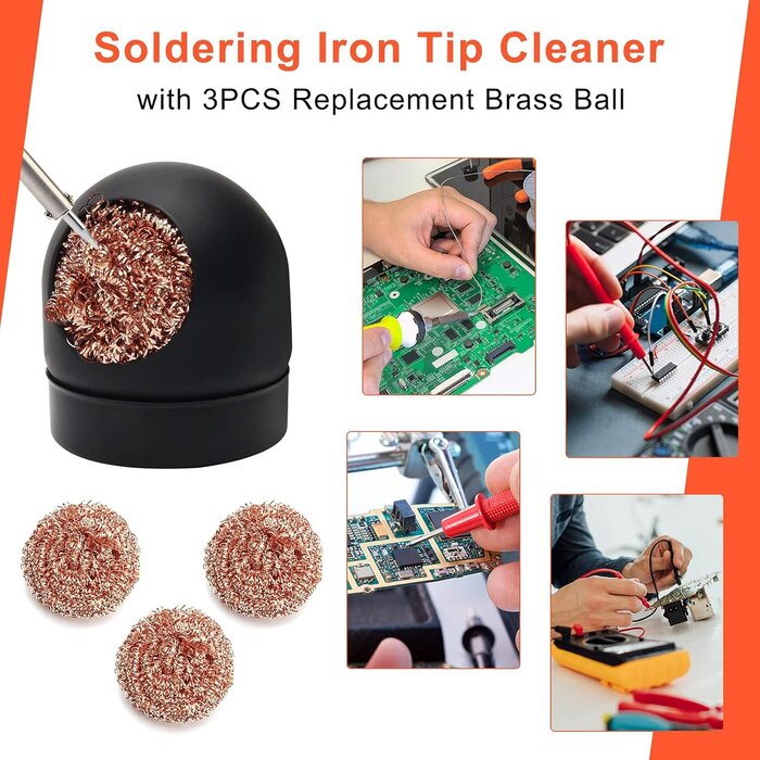 BRSS-TIP-CLN - AHIER Solder Tip Cleaner + Soldering Rosin Flux Paste (0.35 oz / 10 g)+ 60/40 Tin Lead Rosin Core Solder Wire (1.76 oz / 50 g) + 3pcs Replacement Brass Pads, 6 PCS Solder Iron Welding Tool Set