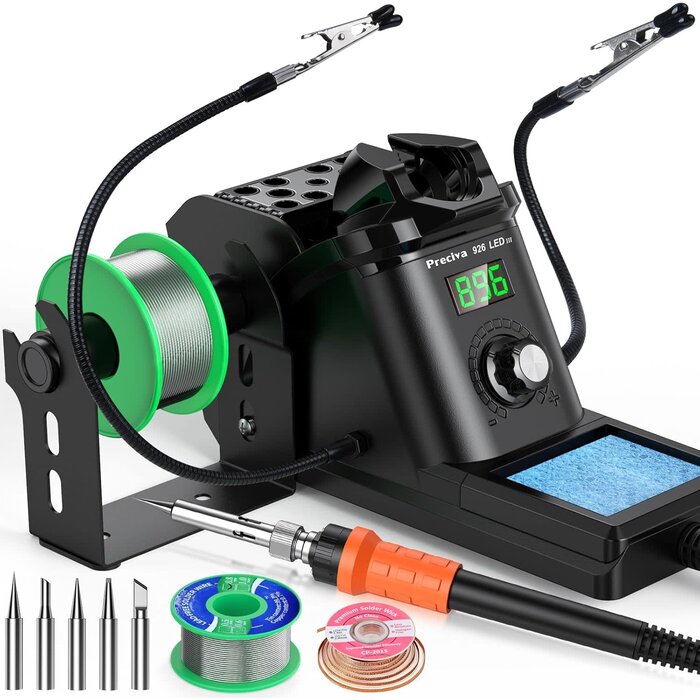 60W Digital Display Soldering Iron Station Kit w 2 Helping Hands, 6 Extra Iron Tips, Lead-Free Solder, Solder Sucker, S/S Tweezers, °C/ºF Conversion, Auto Sleep & Calibration Support