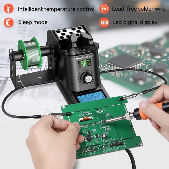 60W Digital Display Soldering Iron Station Kit w 2 Helping Hands, 6 Extra Iron Tips, Lead-Free Solder, Solder Sucker, S/S Tweezers, °C/ºF Conversion, Auto Sleep & Calibration Support