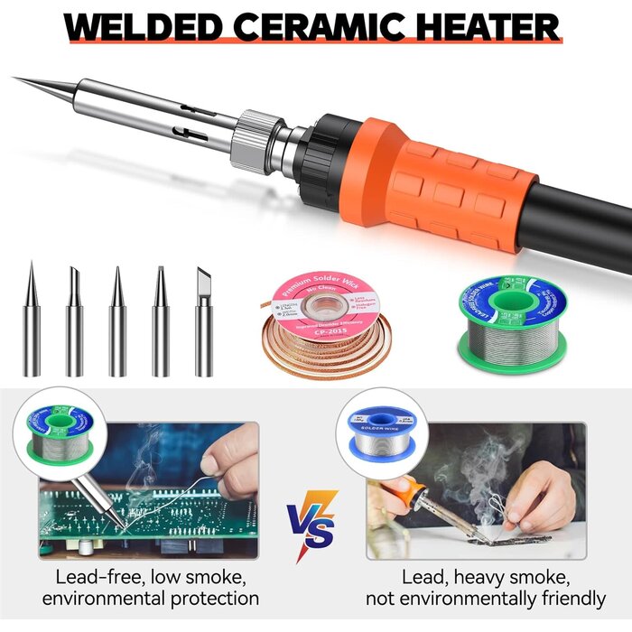 60W Digital Display Soldering Iron Station Kit w 2 Helping Hands, 6 Extra Iron Tips, Lead-Free Solder, Solder Sucker, S/S Tweezers, °C/ºF Conversion, Auto Sleep & Calibration Support