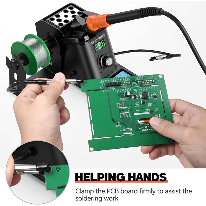 60W Digital Display Soldering Iron Station Kit w 2 Helping Hands, 6 Extra Iron Tips, Lead-Free Solder, Solder Sucker, S/S Tweezers, °C/ºF Conversion, Auto Sleep & Calibration Support