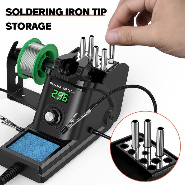 60W Digital Display Soldering Iron Station Kit w 2 Helping Hands, 6 Extra Iron Tips, Lead-Free Solder, Solder Sucker, S/S Tweezers, °C/ºF Conversion, Auto Sleep & Calibration Support