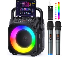 K303-N - voijump Karaoke Machine, Portable Bluetooth Speaker with 2 Wireless Mics for Adults & Kids with LED Lights, Bass/Treble Adjustment, PA System Supports USB/TF/FM/AUX/TWS for Party Home System Packages