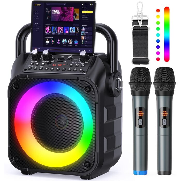 K303-N - voijump Karaoke Machine, Portable Bluetooth Speaker with 2 Wireless Mics for Adults & Kids with LED Lights, Bass/Treble Adjustment, PA System Supports USB/TF/FM/AUX/TWS for Party Home System Packages