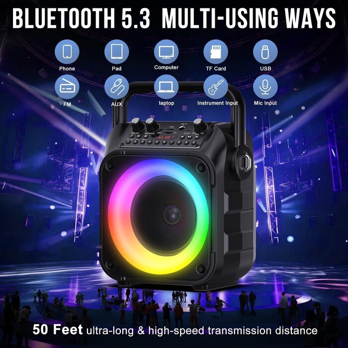 K303-N - voijump Karaoke Machine, Portable Bluetooth Speaker with 2 Wireless Mics for Adults & Kids with LED Lights, Bass/Treble Adjustment, PA System Supports USB/TF/FM/AUX/TWS for Party Home System Packages