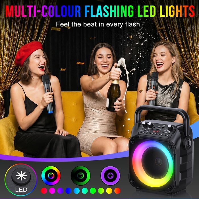 K303-N - voijump Karaoke Machine, Portable Bluetooth Speaker with 2 Wireless Mics for Adults & Kids with LED Lights, Bass/Treble Adjustment, PA System Supports USB/TF/FM/AUX/TWS for Party Home System Packages