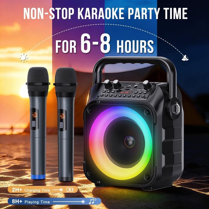 K303-N - voijump Karaoke Machine, Portable Bluetooth Speaker with 2 Wireless Mics for Adults & Kids with LED Lights, Bass/Treble Adjustment, PA System Supports USB/TF/FM/AUX/TWS for Party Home System Packages