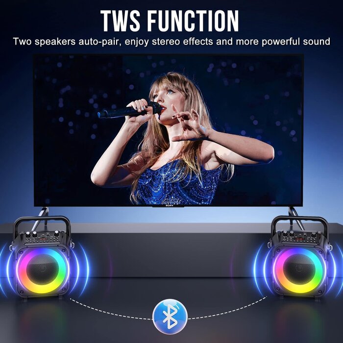 K303-N - voijump Karaoke Machine, Portable Bluetooth Speaker with 2 Wireless Mics for Adults & Kids with LED Lights, Bass/Treble Adjustment, PA System Supports USB/TF/FM/AUX/TWS for Party Home System Packages