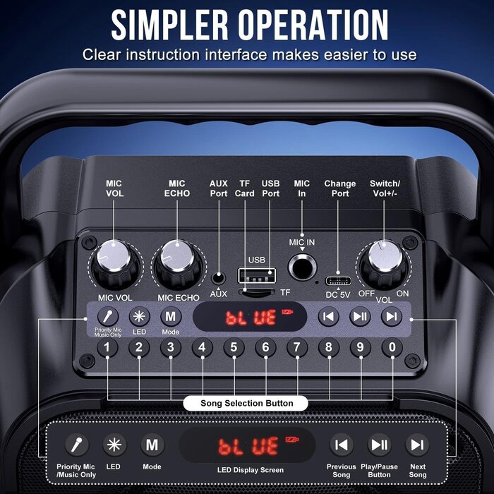 K303-N - voijump Karaoke Machine, Portable Bluetooth Speaker with 2 Wireless Mics for Adults & Kids with LED Lights, Bass/Treble Adjustment, PA System Supports USB/TF/FM/AUX/TWS for Party Home System Packages