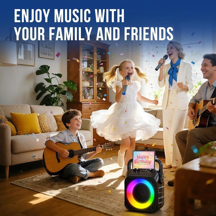 K303-N - voijump Karaoke Machine, Portable Bluetooth Speaker with 2 Wireless Mics for Adults & Kids with LED Lights, Bass/Treble Adjustment, PA System Supports USB/TF/FM/AUX/TWS for Party Home System Packages