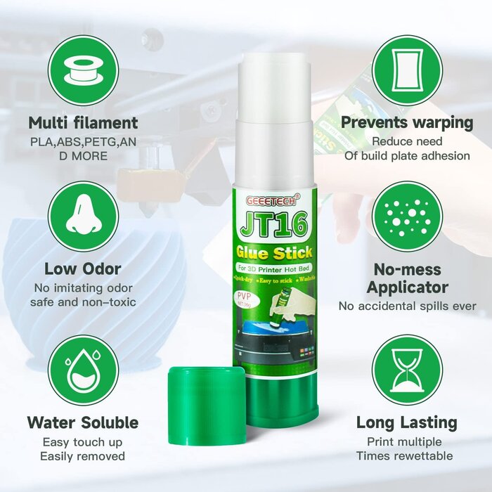 JT16-3D-GLU - XZN 3D Printer Glue Stick, 1.27oz, Strong First Layer Adhesion, Prevents Warping & Shifting, Fits Glass, PEI Sheet, Aluminum Build Plate, Fits PETG, PLA, TPU, ABS Filaments, Easy to Clean