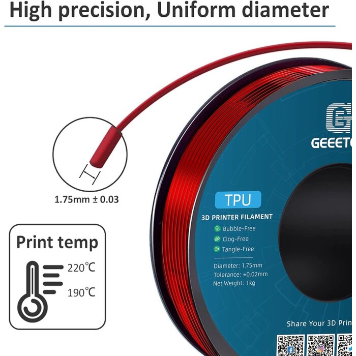 TPU-TRNSPT-RED - Geeetech Transparent Red TPU Filament 1.75mm Flexible Soft 3D Printer Consumables Transparent Red, 95A 1kg Spool (2.2 lbs.), Dimensional Accuracy +/- 0.05 mm