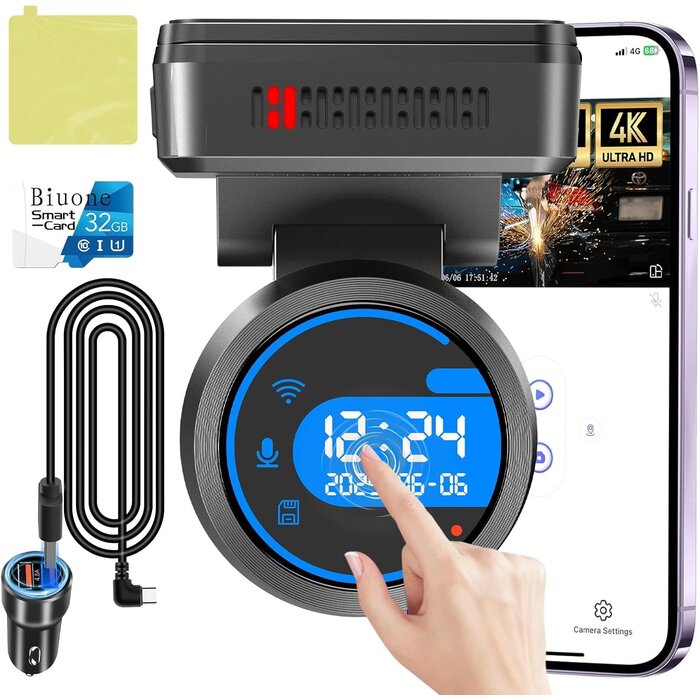 M9-DASH-CAM - Biuone 4K Dash Camera with 32GB Card and Built-in WiFi & APP Control, 1.2" IPS Touch Screen Dash Cam with 170°Wide Angle, G-Sensor, Night Vision, 24H Parking Mode Dashcam