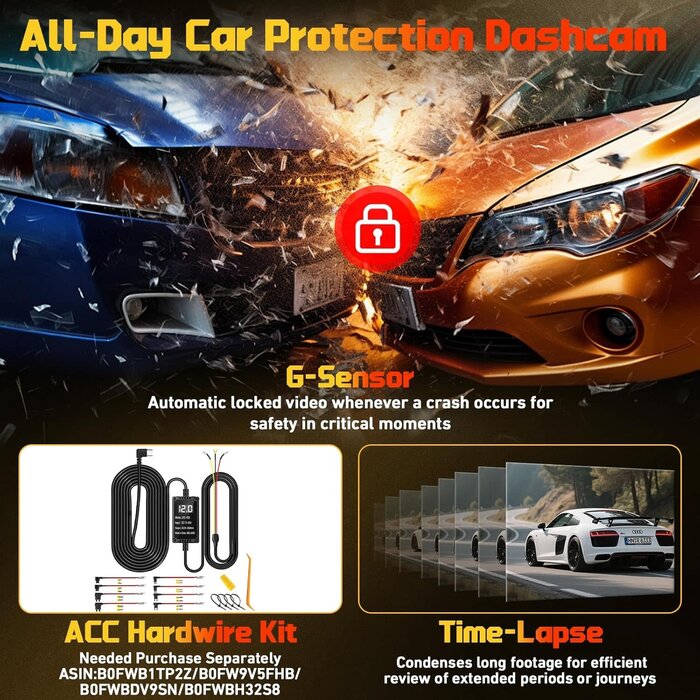 M9-DASH-CAM - Biuone 4K Dash Camera with 32GB Card and Built-in WiFi & APP Control, 1.2" IPS Touch Screen Dash Cam with 170°Wide Angle, G-Sensor, Night Vision, 24H Parking Mode Dashcam