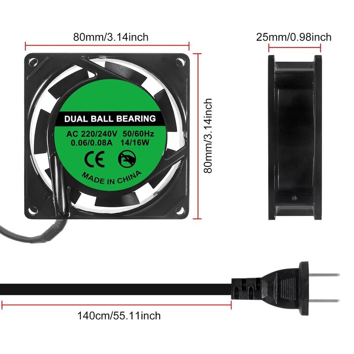 IND-80X80X25-MM - D-FLIFE 8025 Cooling Fan 80x80x25mm DC 12V Cooler Brushless XH2.54 2Pin for DIY PC Computer Case - EC Industrial 80mm 25mm