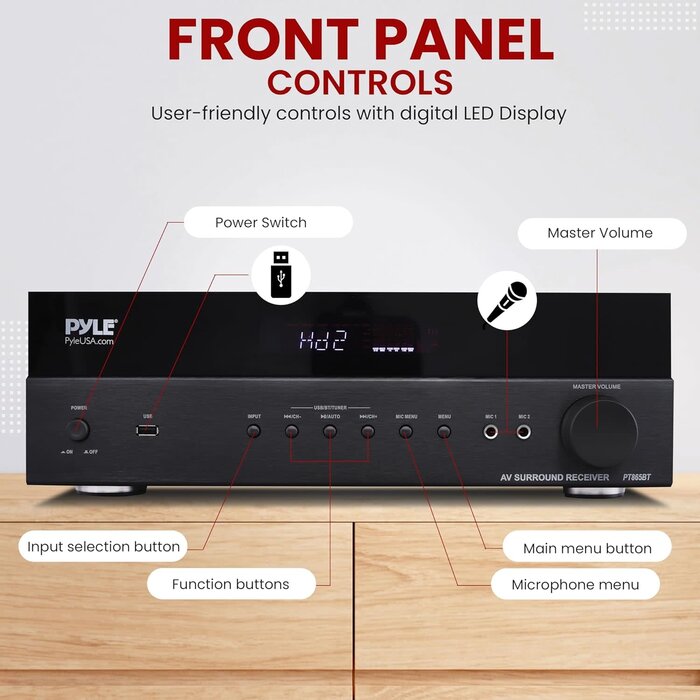 PT865BT - Pyle 5.2 Channel Hi-Fi Home Theater Receiver - 1000W MAX Wireless BT Surround Sound Stereo Amplifier System with 4k Ultra HD Support, MP3/USB/DAC, Ideal for Immersive Home Audio Experience