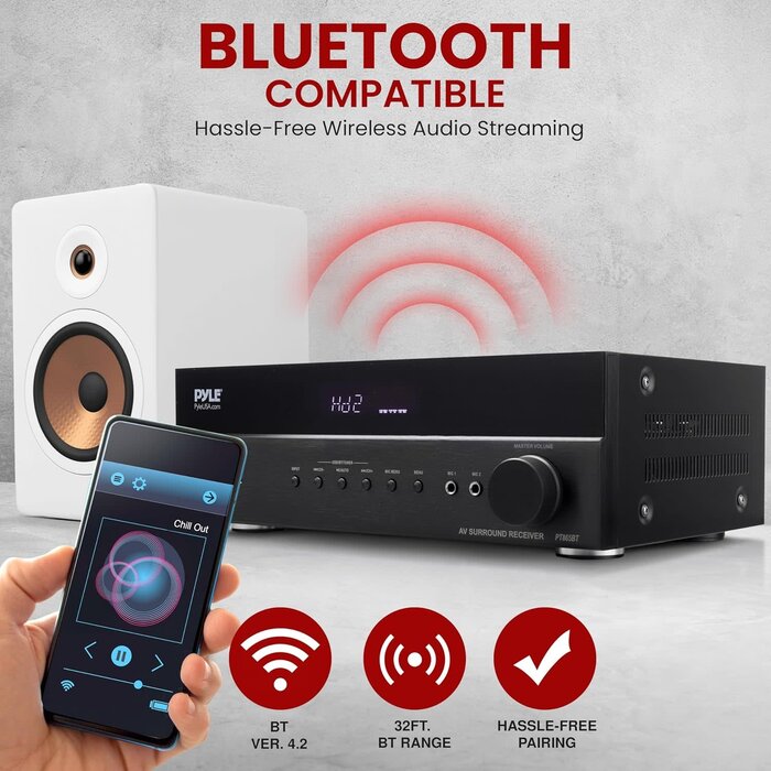 PT865BT - Pyle 5.2 Channel Hi-Fi Home Theater Receiver - 1000W MAX Wireless BT Surround Sound Stereo Amplifier System with 4k Ultra HD Support, MP3/USB/DAC, Ideal for Immersive Home Audio Experience