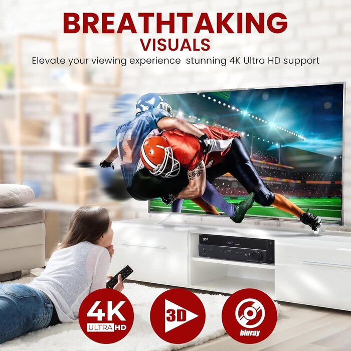 PT865BT - Pyle 5.2 Channel Hi-Fi Home Theater Receiver - 1000W MAX Wireless BT Surround Sound Stereo Amplifier System with 4k Ultra HD Support, MP3/USB/DAC, Ideal for Immersive Home Audio Experience